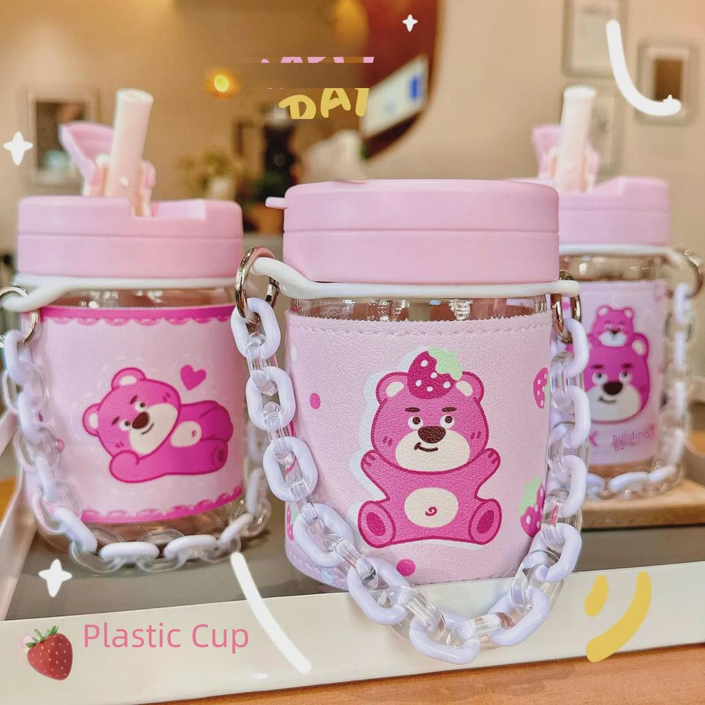 Adorable Bear Pink Straw Cup with Leather Case & Anti-Scalding Design - Portable Bracelet-Style Water Cup for Girls