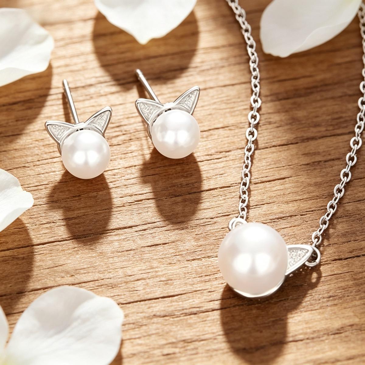 Cat Ear Imitation Pearl Jewelry Set, Cute and Sweet Jewelry, Suitable for Daily Wear and Holiday Gift Giving