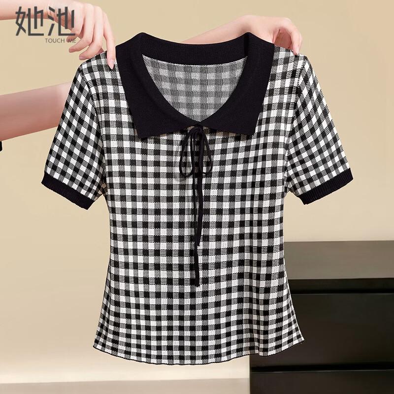 Women s Elegant Plaid Lapel Knit Top One Size