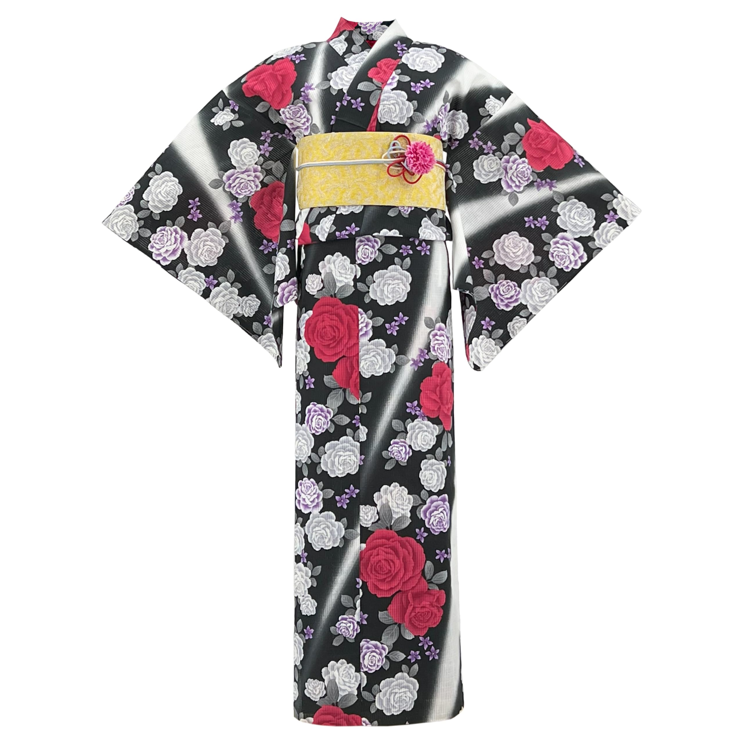 

из Handmade Yukata Юката, один предмет Красная роза на черно-белом фоне Перо Сора Хлопок Красная слива Хлопок Красная слива Летнее кимоно Юката