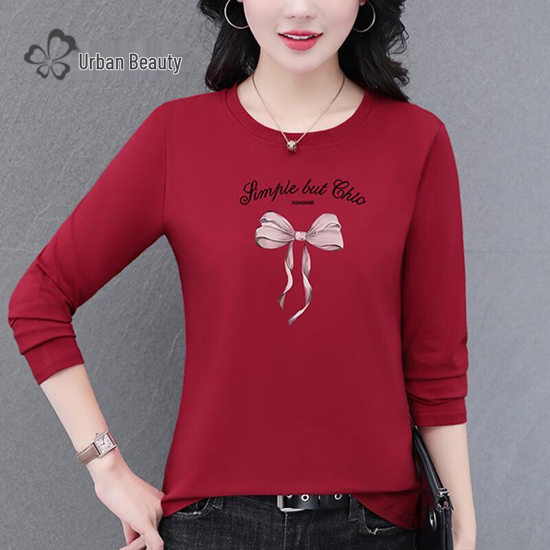 Women's Casual Bow-Print Long-Sleeve Crew Neck Cotton Blend T-Shirt