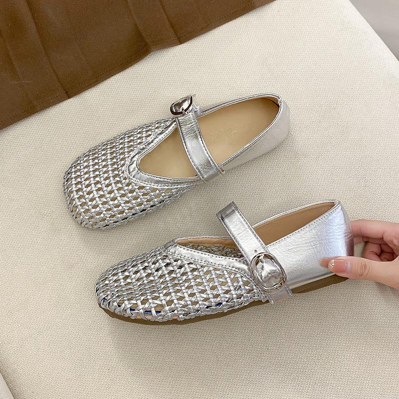 Hollow Fishing Net Crocheted One-word Strap Single Shoes Women's 2025 New Round Head Flat-soled Ballet Shoes Woven Mary Jane