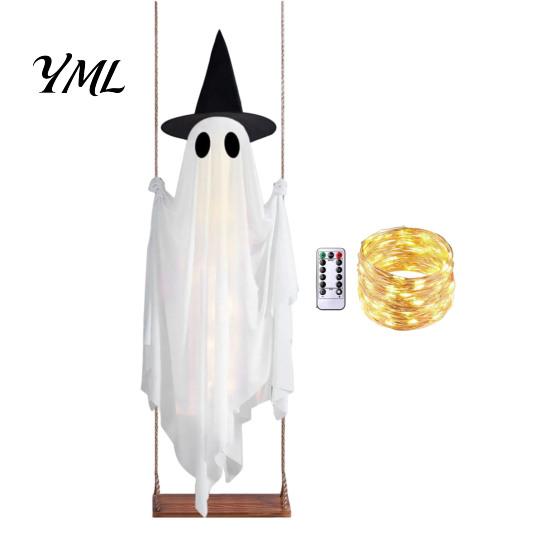 Halloween Party Prop for Trees Hanging Swing Ghost Decoration with Witch Hat, Spooky Outdoor Decor Seasonal Festive Yard Ornament String Light