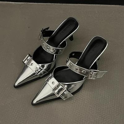 Fashion Metal Buckle High Heels Women's Sandals Summer Pointed Toe Silver Party Shoes Fashion Womens Pumps Shoes