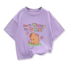 Capybara Print 100% Katoenen T-shirt Voor Kinderen 3-12 Jaar Meisje Anime Korte Mouw T-shirts Tops 2025 Nieuw Kinderen Ronde Hals Los T-shirt