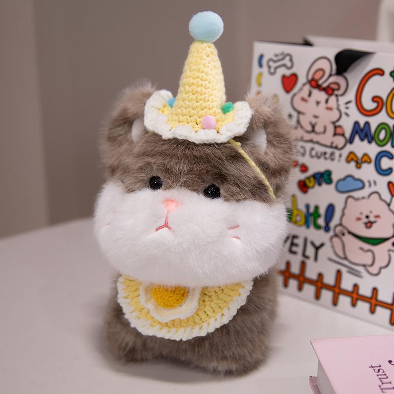 Cute Big Face Cat With Birthday Hat Fruit Cake Snack Bib Decor Kawaii Grey Orange Cats Kittens Plushie For Kids Birthday Gift