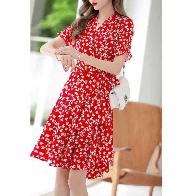 Women's A-line Floral Midi Dress - Summer V-Neck, Bell & Short Sleeves, Slim Waist