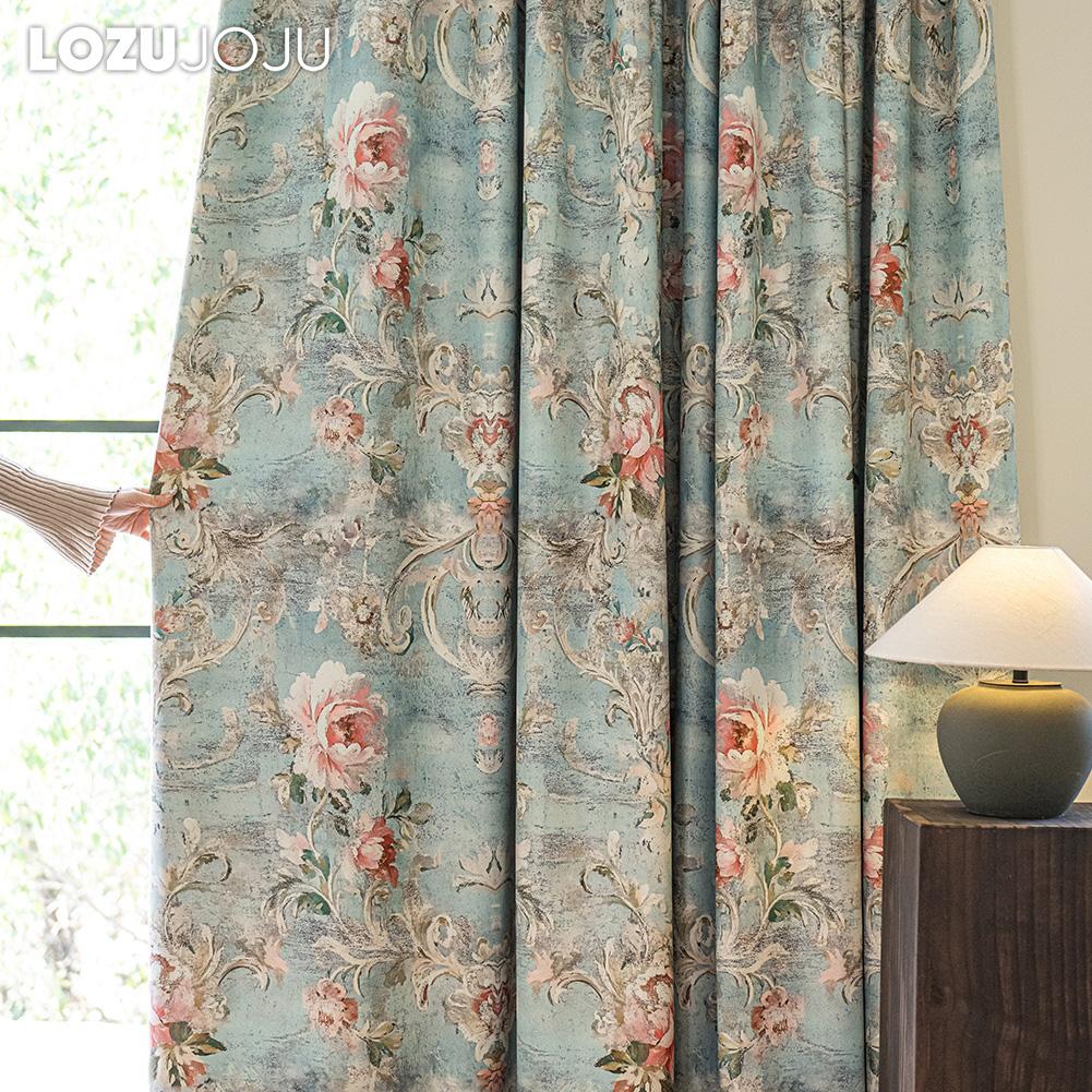 1PC LOZUJOJU French Idyllic Style Blackout Curtains Blue Bottom Peony Print Curtains Thick Curtains for Bedroom Living Room Window for Home Decor