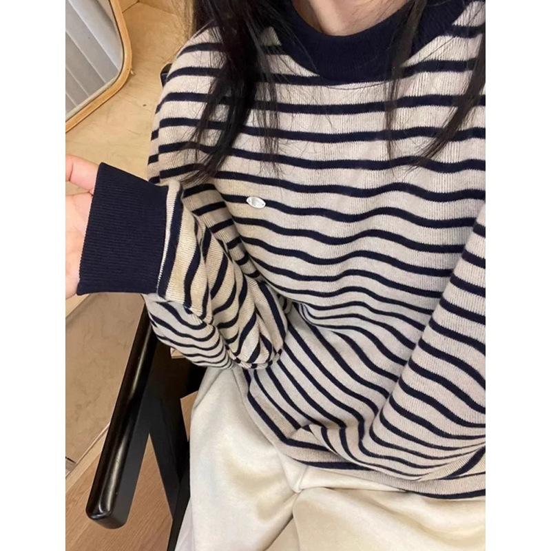 Retro gestreifter Rundhals Strickpullover für Damen Herbst und Winter neuer lässiger lockerer Strickpullover für Damen