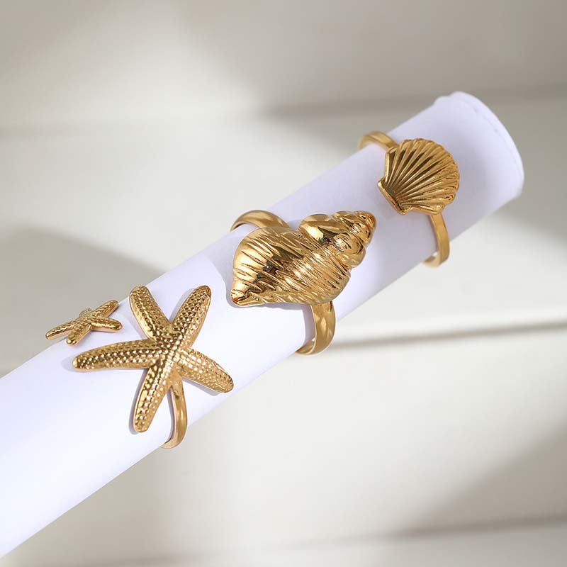 

Stainless Steel Starfish Conch Shell Rings Set For Women Fashion Gold Color Adjustable Finger Ring Waterproof Zircon Gift