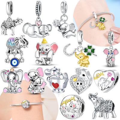 Original Copper Pink Elephant Pendant Necklace Family Mom Clover Charms Bead Fit Bracelet Diy Mother'S Day Gift Jewelry