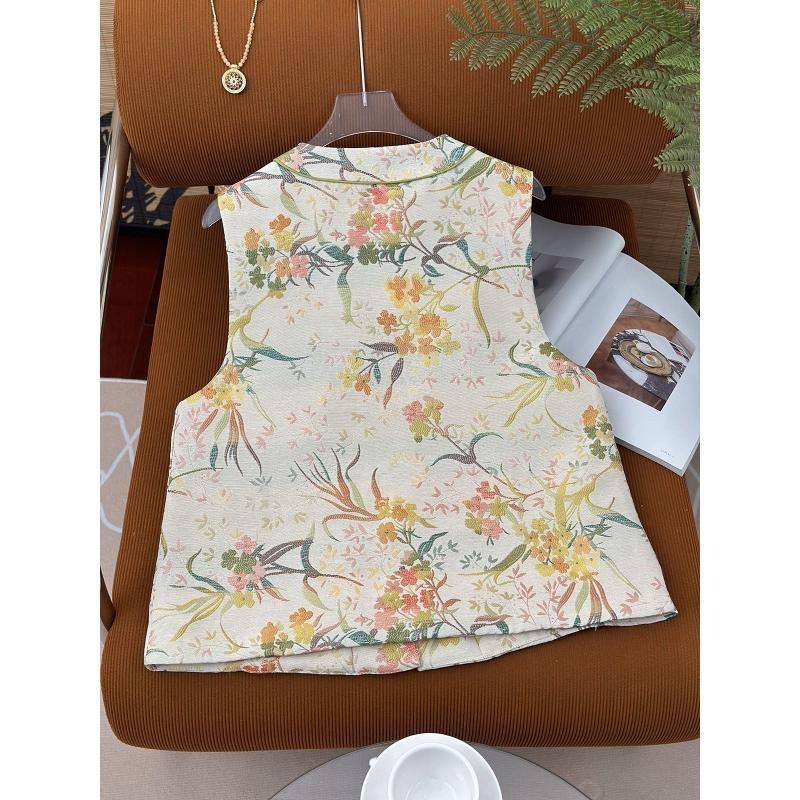 Brocade jacquard round neck retro literary vest women's spring and autumn new small fresh design vest top