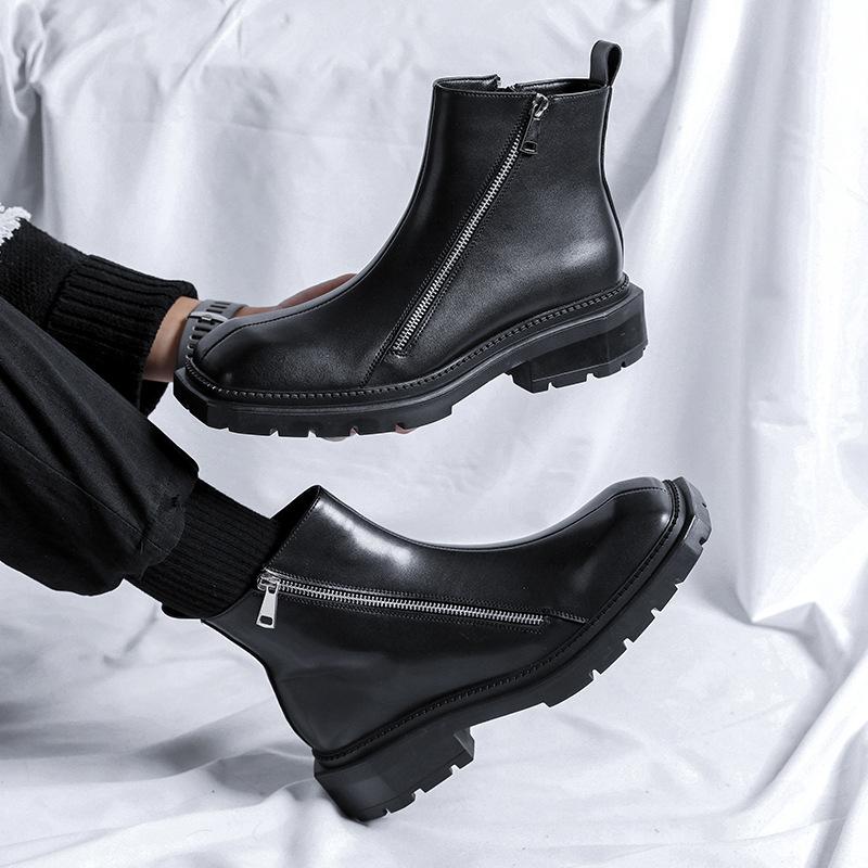 Chelsea Boots Boty z kůže s hranatou špičkou Britský styl Černé kotníkové boty na středním podpatku Dvojitý zip Martensky Trend 4512-R