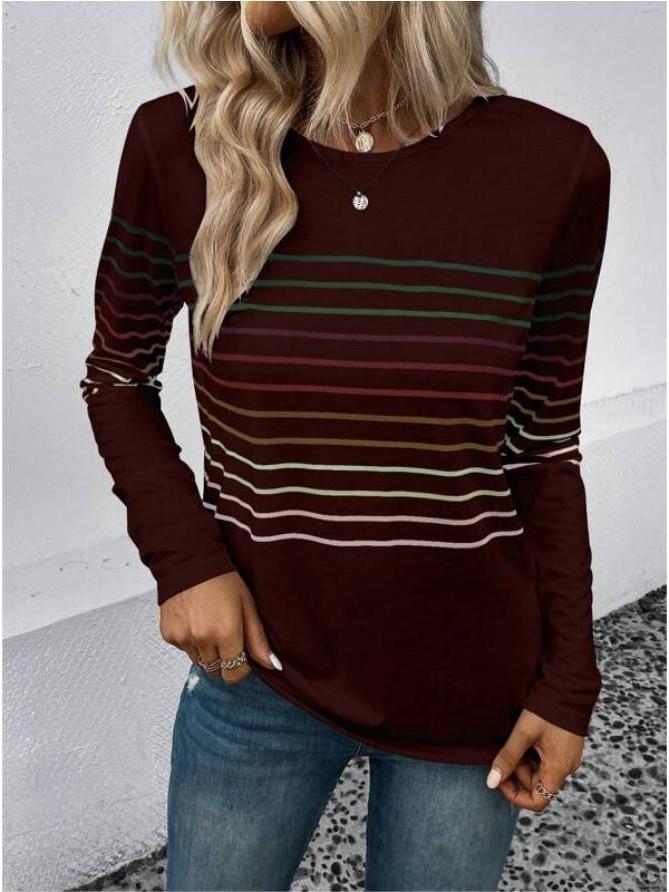 Autumn/Winter 2023 Women's Striped Crew Neck Long Sleeve T-shirt - European and American Fashion.