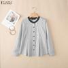 Women Grid Print Casual Round Neck Long Sleeve Blouse