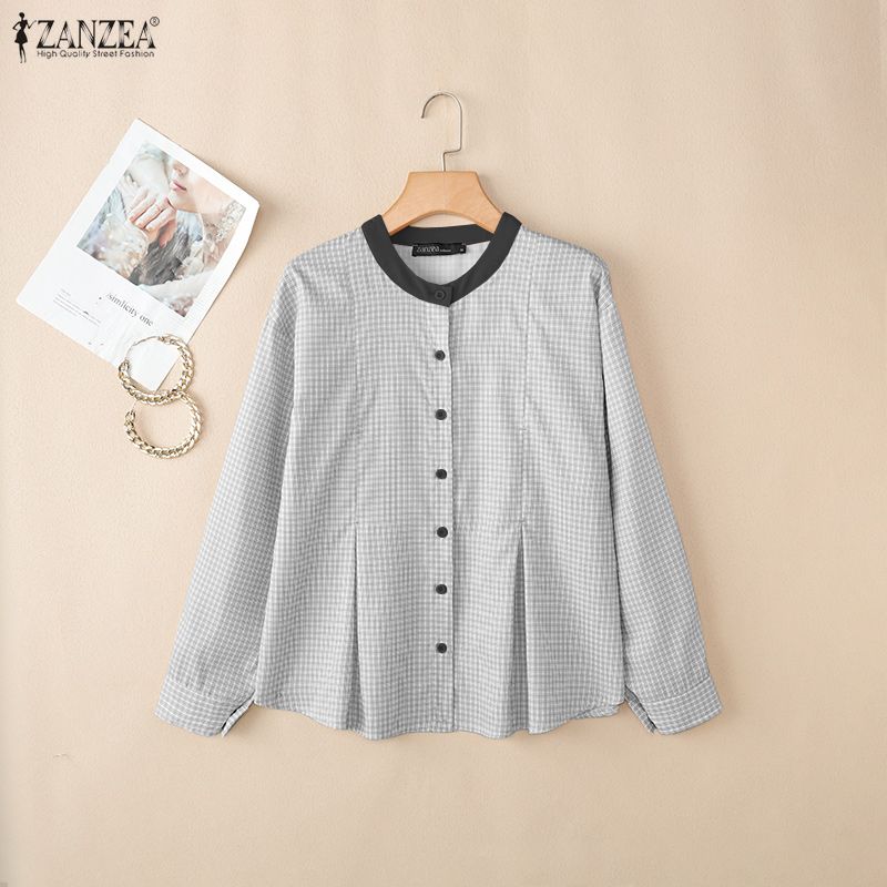 ZANZEA Women Grid Print Casual Round Neck Long Sleeve Blouse