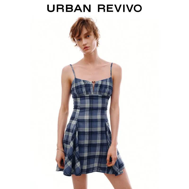 UR Women s Cotton Plaid Beaded Pleated Strappy Dress S