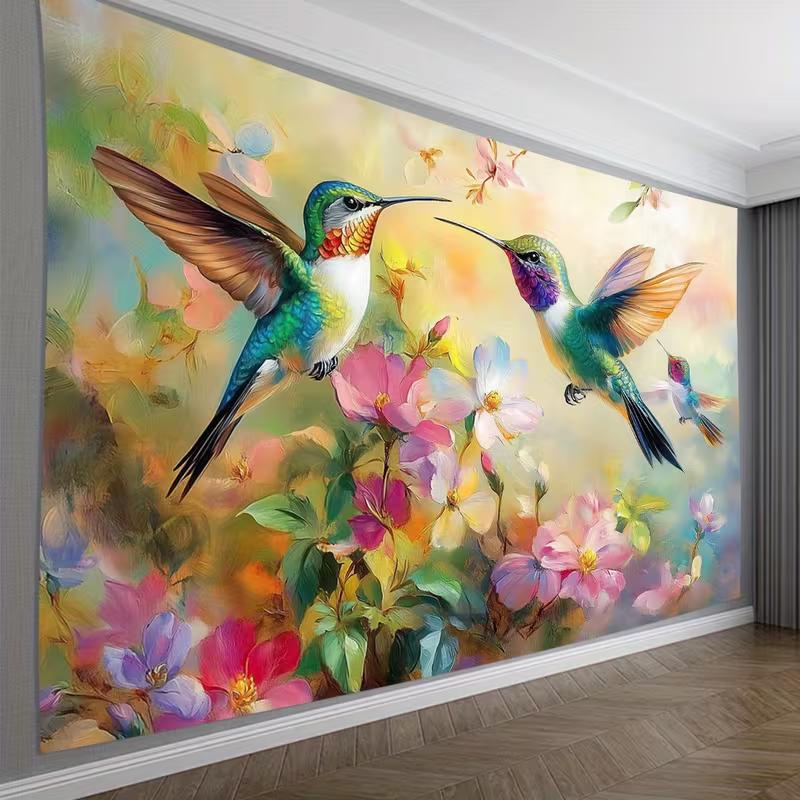 

2D Hummingbird Floral Tapestry Wall Hanging Oil Painting Style Bird Flower Home Decor for Bedroom 47.2x31.5inch/120*80cm