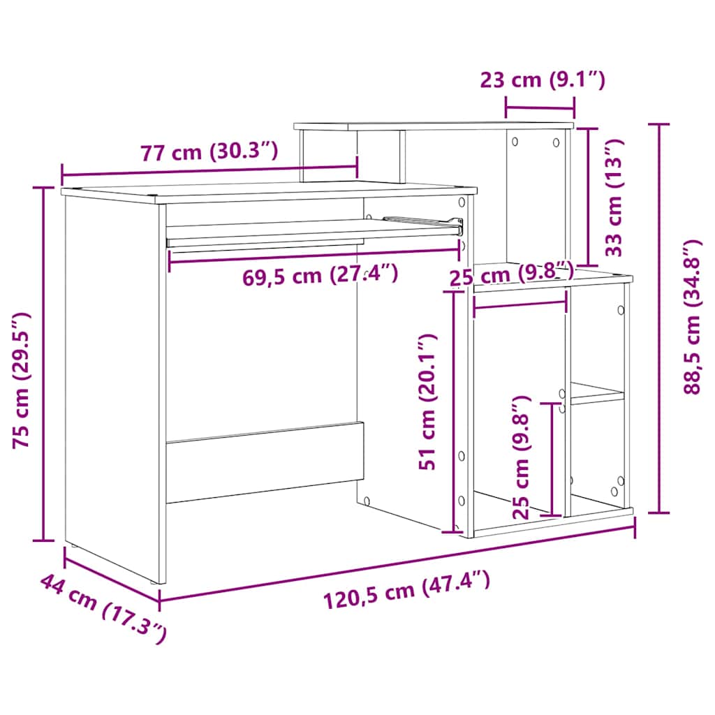 Desk in Grey Sonoma 120.5 x 44 x 88.5 cm engineered wood