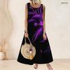 Women Plus Size Sleeveless Scoop Neck A Line Long Dress Black Purple Feather Printed
