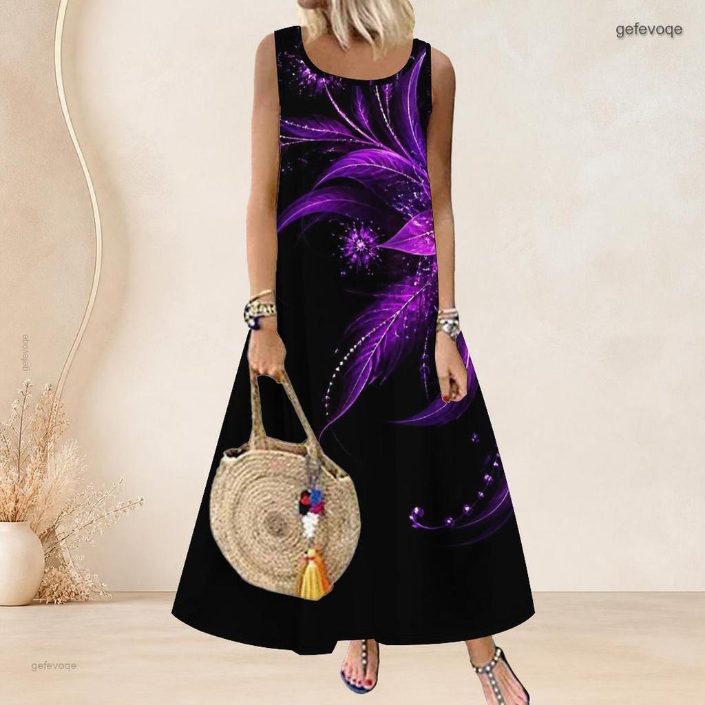 Women Plus Size Sleeveless Scoop Neck A Line Long Dress Black Purple Feather Printed
