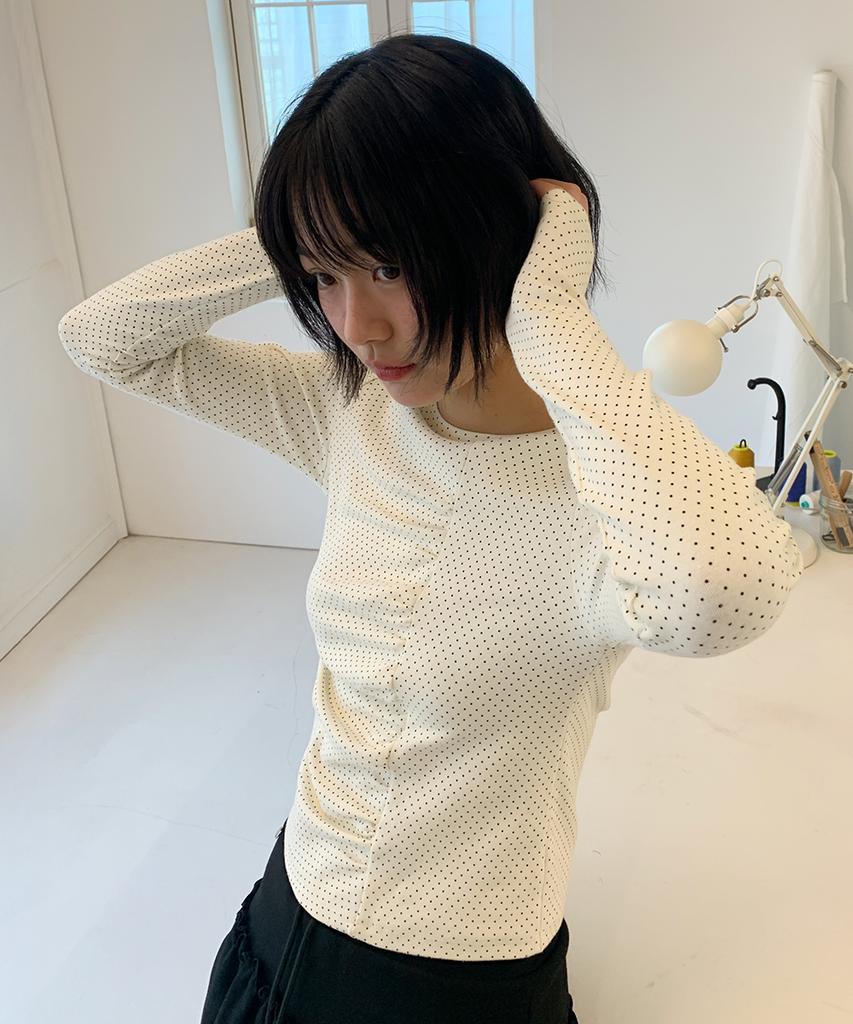 RONRON Ruched Slim Fit T Shirt Ivory Dot