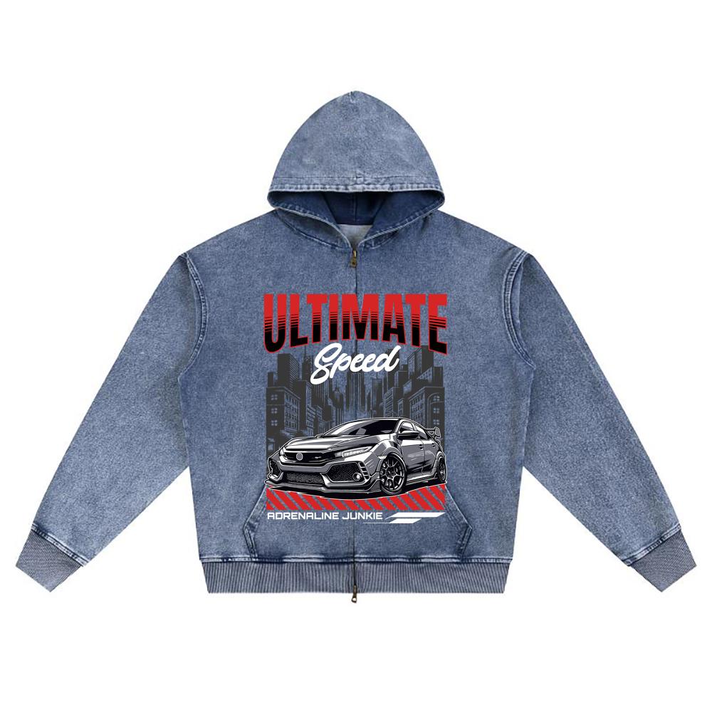 DTG print Knitted Denim Zip-Up Hoodie Ultimate Speed Brother Print Zipper Hoodies