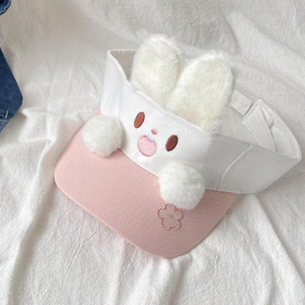 Sunscreen Rabbit Hiking Visor Cap Plush Pink Rabbit Sun Hat Bunny Ear Hollow Hat Mountaineering