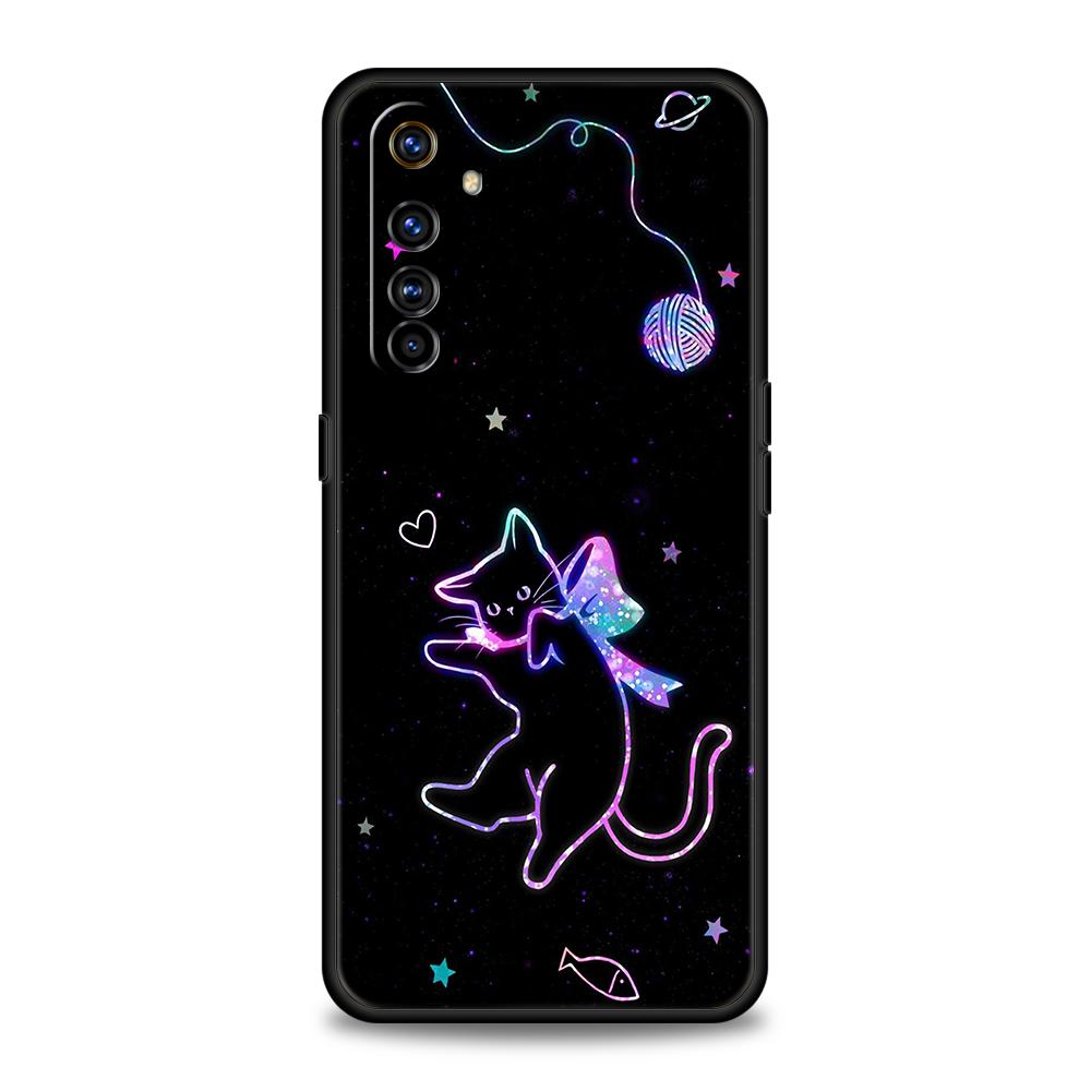 Soft TPU For Realme 11 10 9 Pro Plus GT2 GT3 GT5 C21 C25 C35 C53 C55 C67 Pro 5G Phone Case Cute Color Starry Sky Black Cat Capas