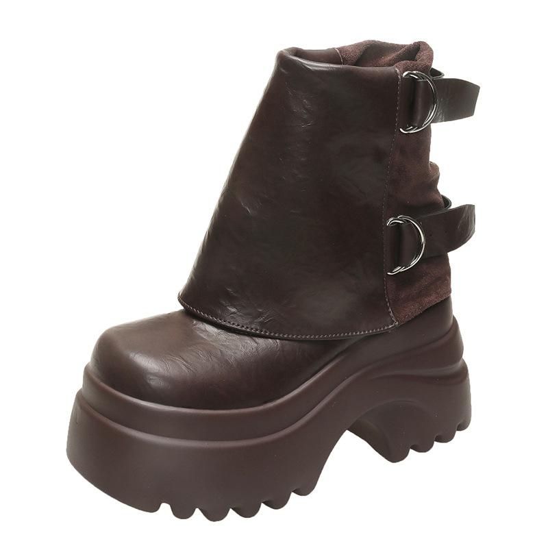 Black Martin boots women's 2025 autumn new retro stacking boots belt buckle thick-soled inner heightening trouser tube boots