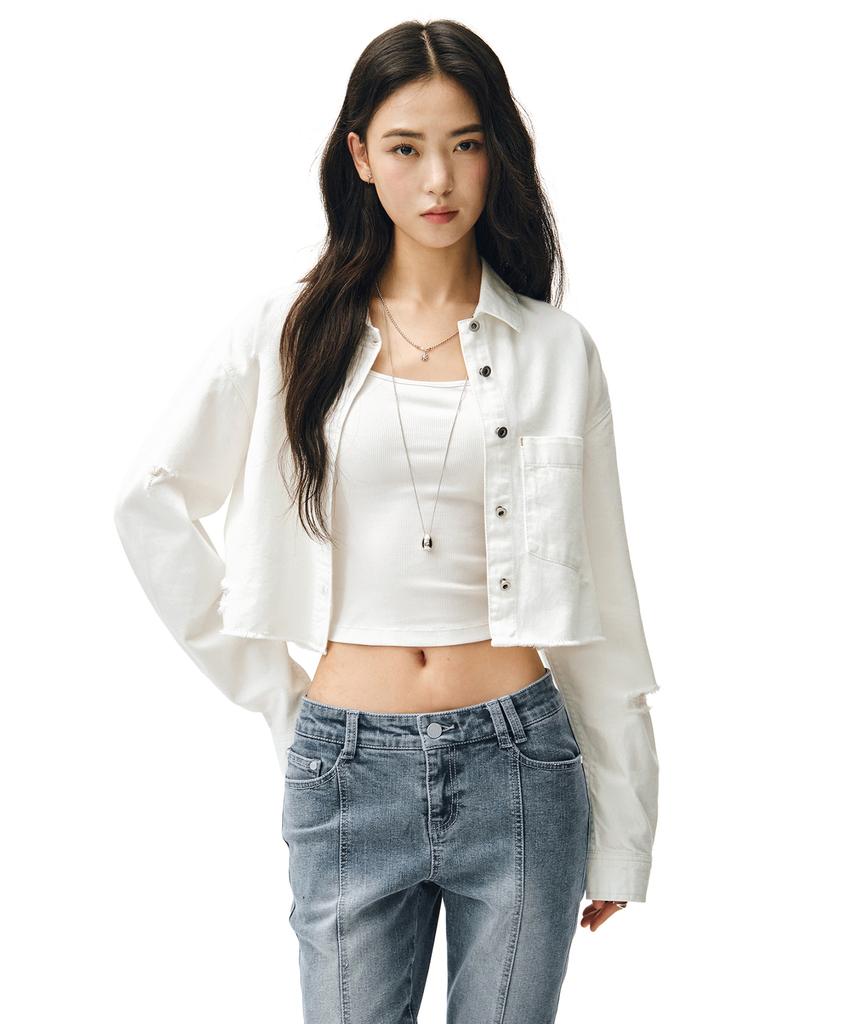 Deketeuumeon Cropped Damage Denim Shirts Dcwsh004White