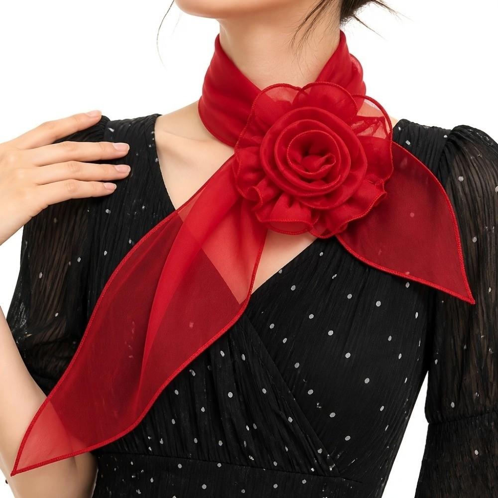 Elegant Silk Rose Scarf Soft Women’s Neck Scarf Simple Long Floral Scarf Party Wear