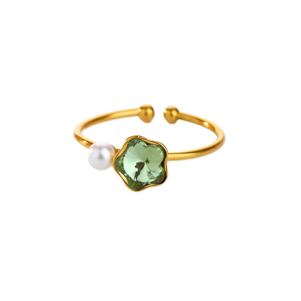 Zircon Four Leaf Clover Rings For Women Gold Color Stainless Steel Opening Couple Ring Aesthetic Wedding Bohemian Jewelry Gift
