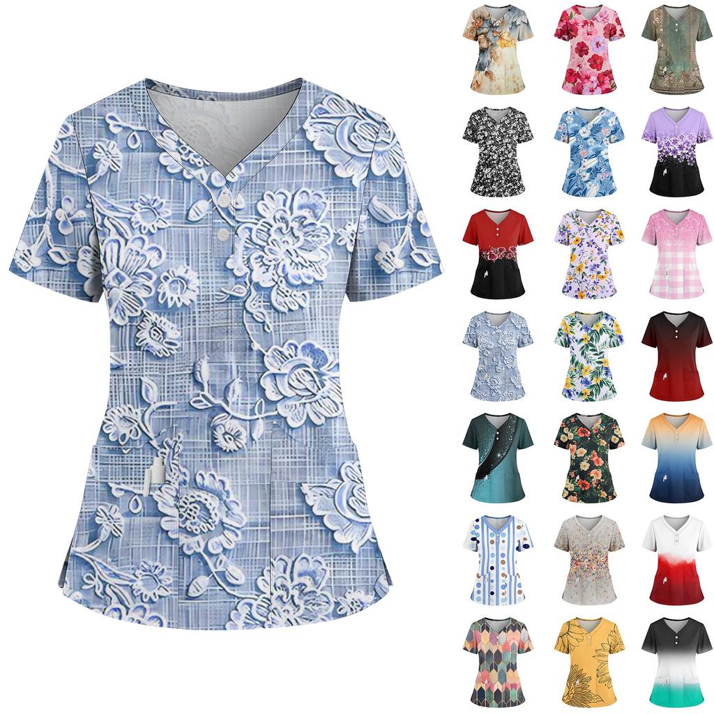 Women's Loose Short Sleeved Fashionable Flowers And Plants Printing V-neck Buttonable Side Slit Top T-shirt