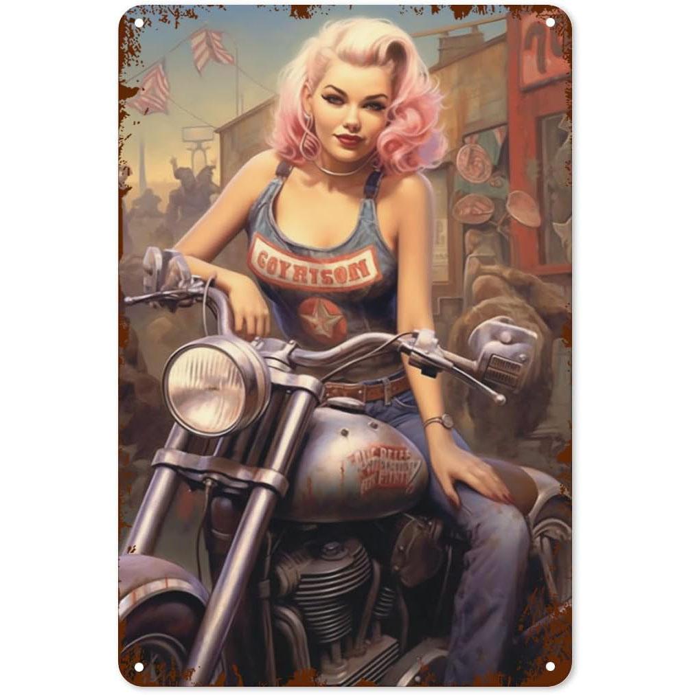 Metal Tin Signs Pinup Motorcycle Girl Wall Decoration Plaque Vintage Poster Iron Painting for Man Cave Home Cafe Garden Club Bar