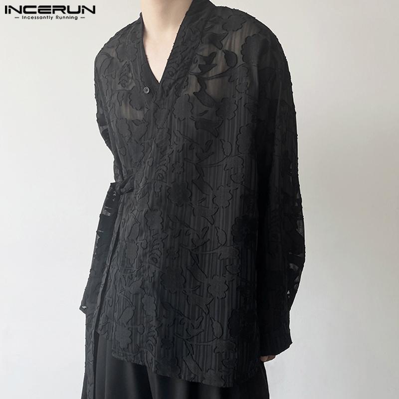 

INCERUN Черные мужчины полые жаккардовые кимоно видят сквозь верх