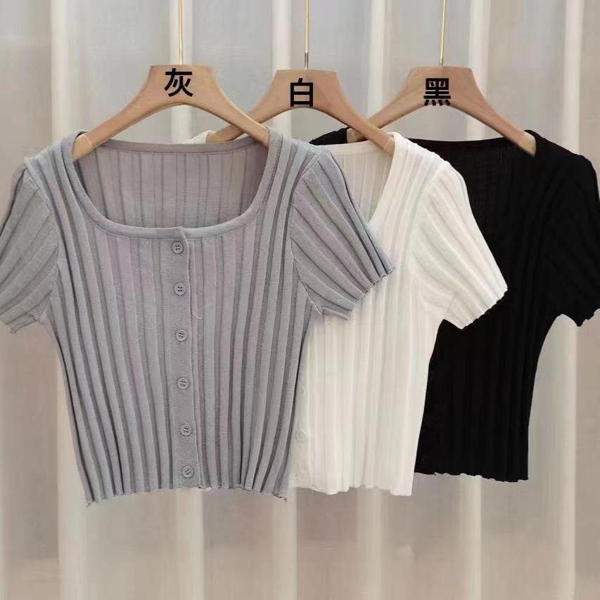 Versatile Large U-neck Pit Stripes Short Section Button Knit Cardigan Summer Slim Short-sleeved Blouse Female Casual Essential Slim Fit Pullovers Tees