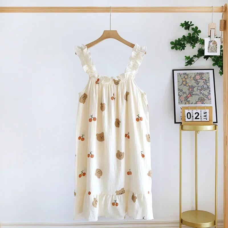 Ladies Summertime Cotton Yarn Pure Cotton Thin Suspender Nightdress Loose Mid-length Sweet and Lovely Long-cut Home Dress Camisola Sexy