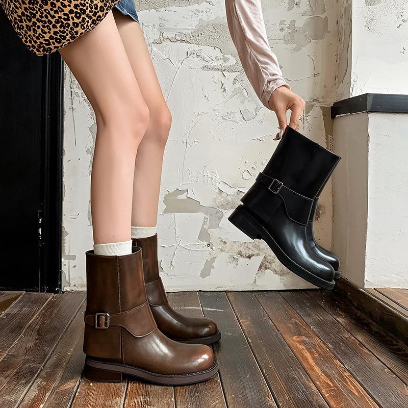 Cowhide~ Leather Belt Buckle Straight Boots Small Thick-soled British Martin Boots Western Boots Short Boots Women's Knight Boots