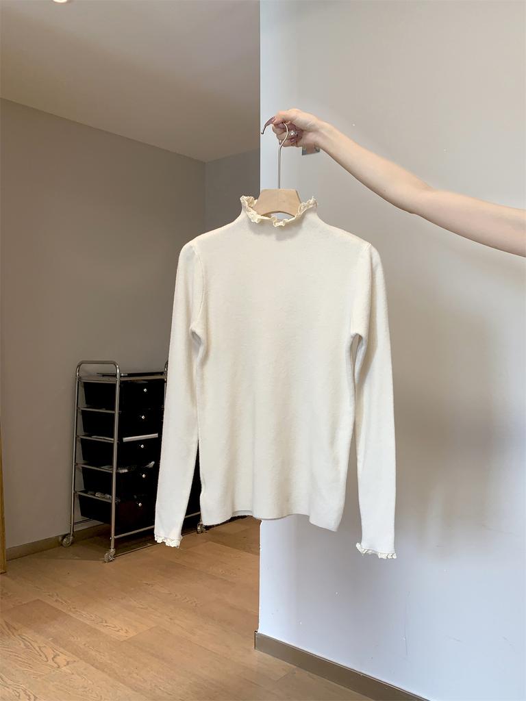 Lace semi-turtleneck knitted sweater women's autumn and winter slim-fitting and thin shoulder long-sleeved bottoming sweater basic top