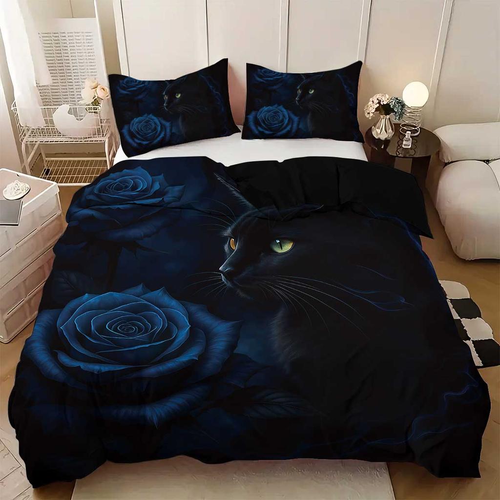 3pcs Black Cat and Blue Rose Pattern Printed Bedding Set, 1*duvet Cover+2*pillowcase, Suitable for King Bed for All Seasons