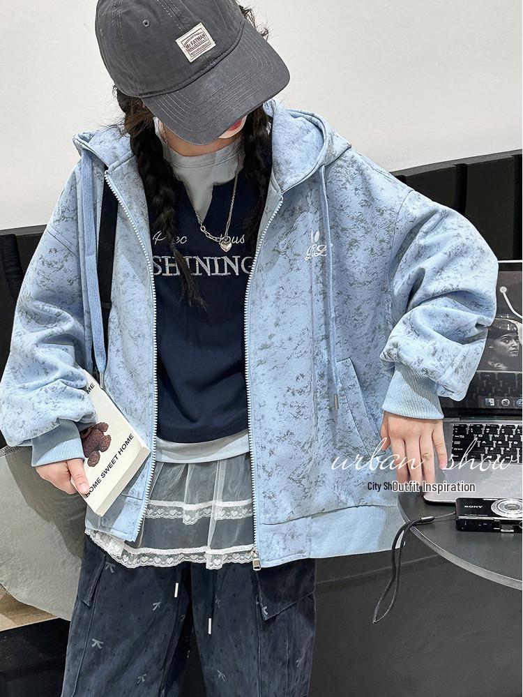 

Versatile Floral Knit Hoodie for Girls - 2025 Big Kids Casual Cardigan 130 cm синий