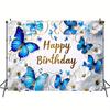 2D Butterfly Happy Birthday Backdrop, Blue & Gold Floral Banner, Kids Birthday Party Photography Decor
