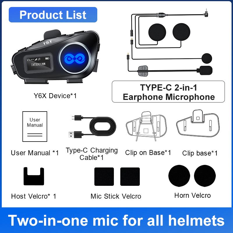 

Y6X Motorcycle Helmet Intercom headphone 1000m for 4 Riders Group Talking Interphone Music Share Waterproof With LED Lighting