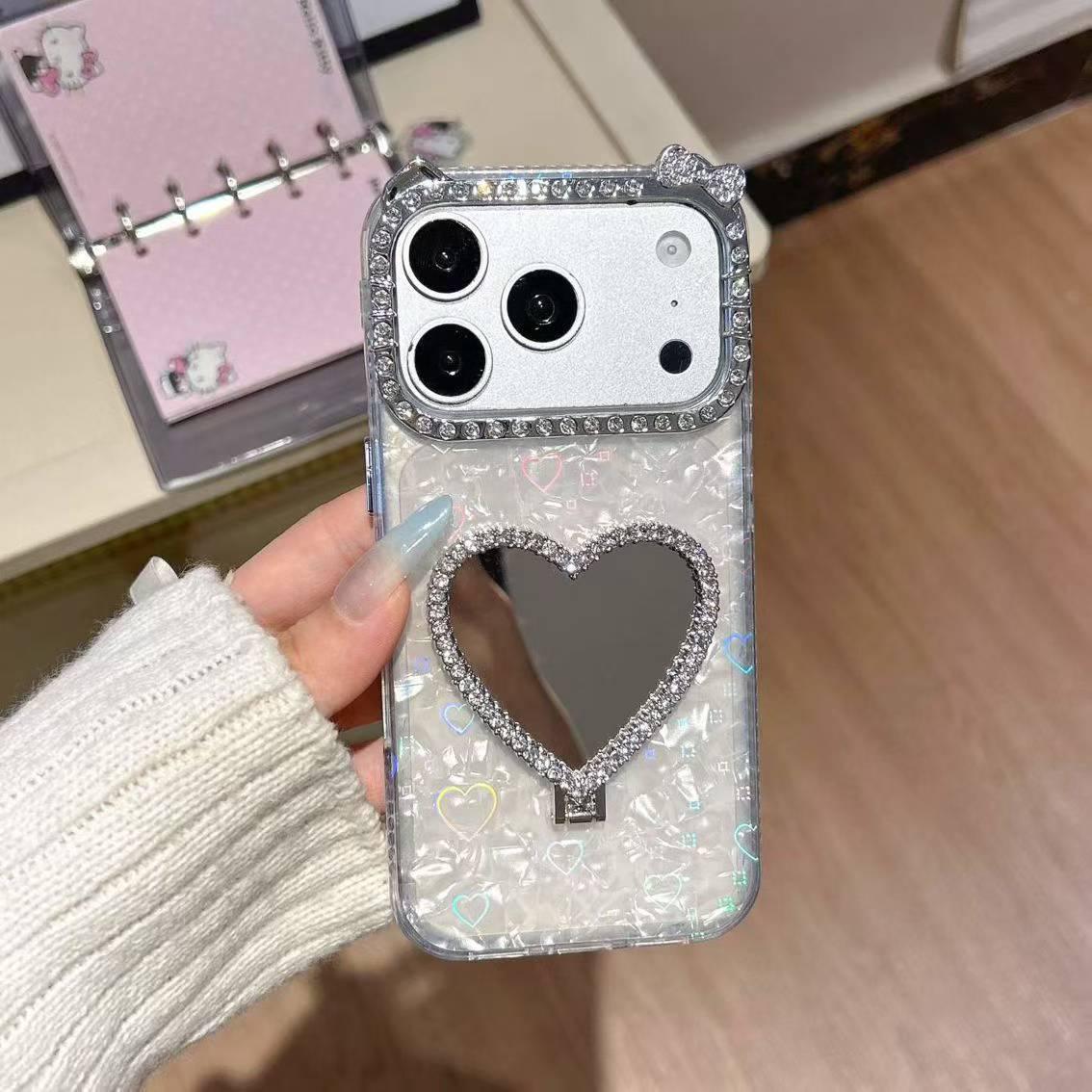 

Heart-shaped Stand-Compatible iPhone Case with Inlaid Diamond Mirror and 3D Protective Design for iPhone 14-17 iPhone 16 Plus