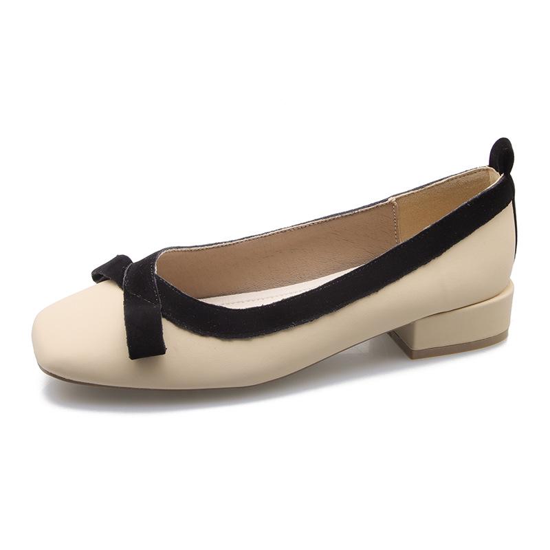 French Chic Leather Bow Low Heel Square Toe Women s Fashion Shoes 34