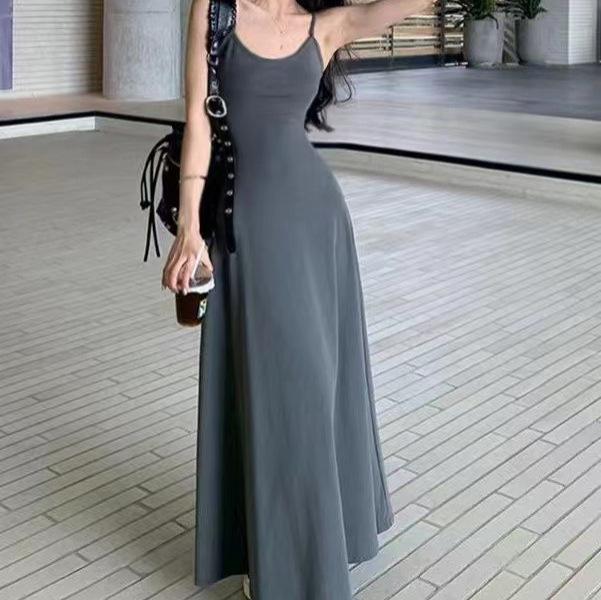 Spice Girl Solid Color High Waist Suspender Dress Women's Summer New Waist Skinny Shoulder Shoulder Inside Bottom Knee Dress
