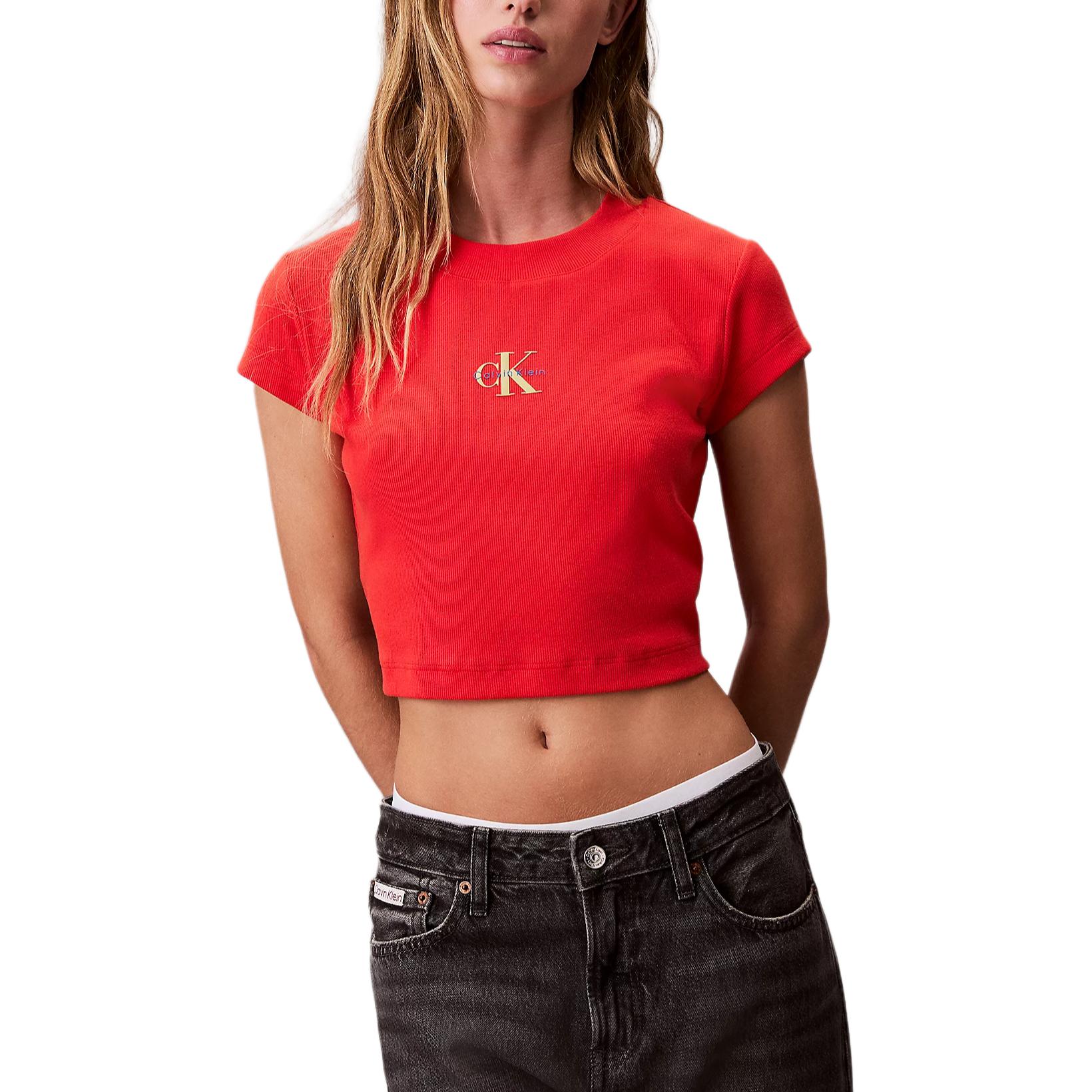

Calvin Klein Slim Fit Letter Print Ribbed Knit Crew Neck Short Sleeve T-Shirt Women Tops LV047AB802-TNC XS