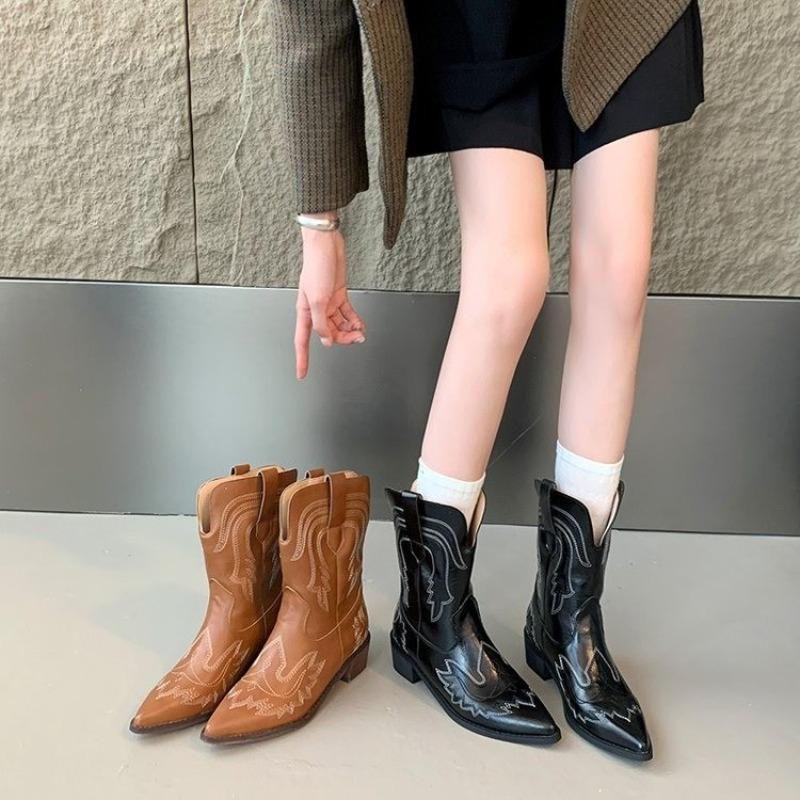 Fashion Retro Embroidered Western Cowboy Boots Women's Spring New Mid-Calf Knight Boot Pointed Toe Thick Heel Non-Knee High Shoes