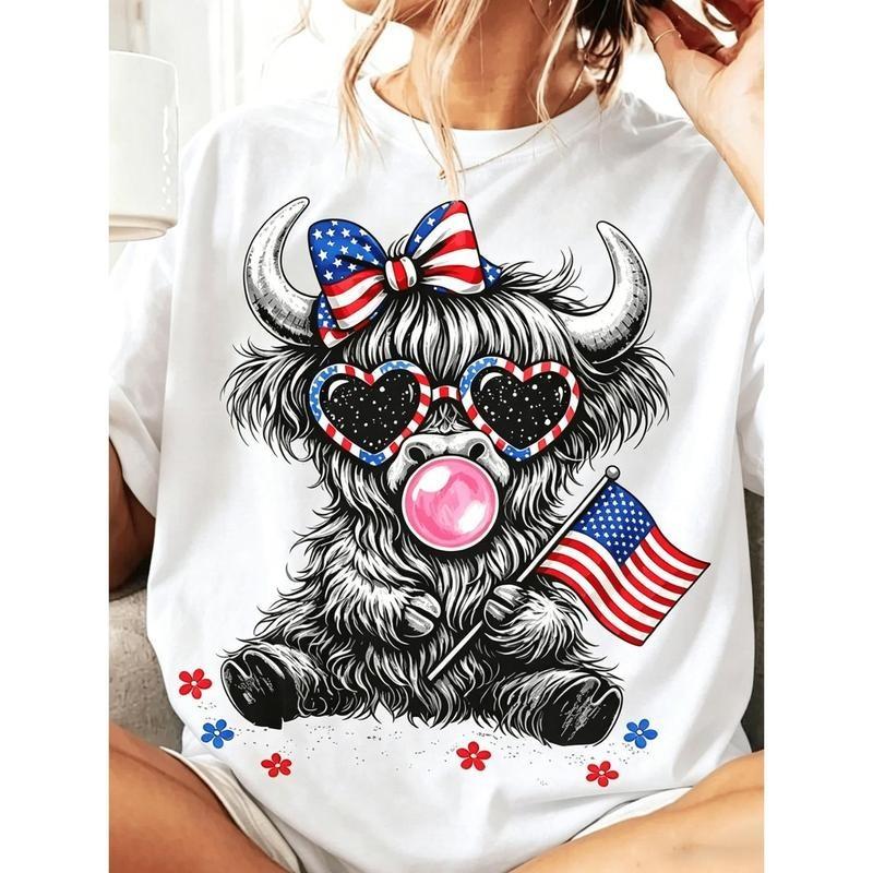 Patriotic Cotton T-shirt Featuring Highland Cattle July 4Th Bow July 4Th Cow Ame XXL